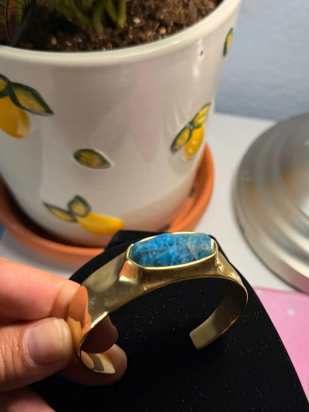 Kendra Scott Wide Brass Statement Cuff Bracelet Blue Stone